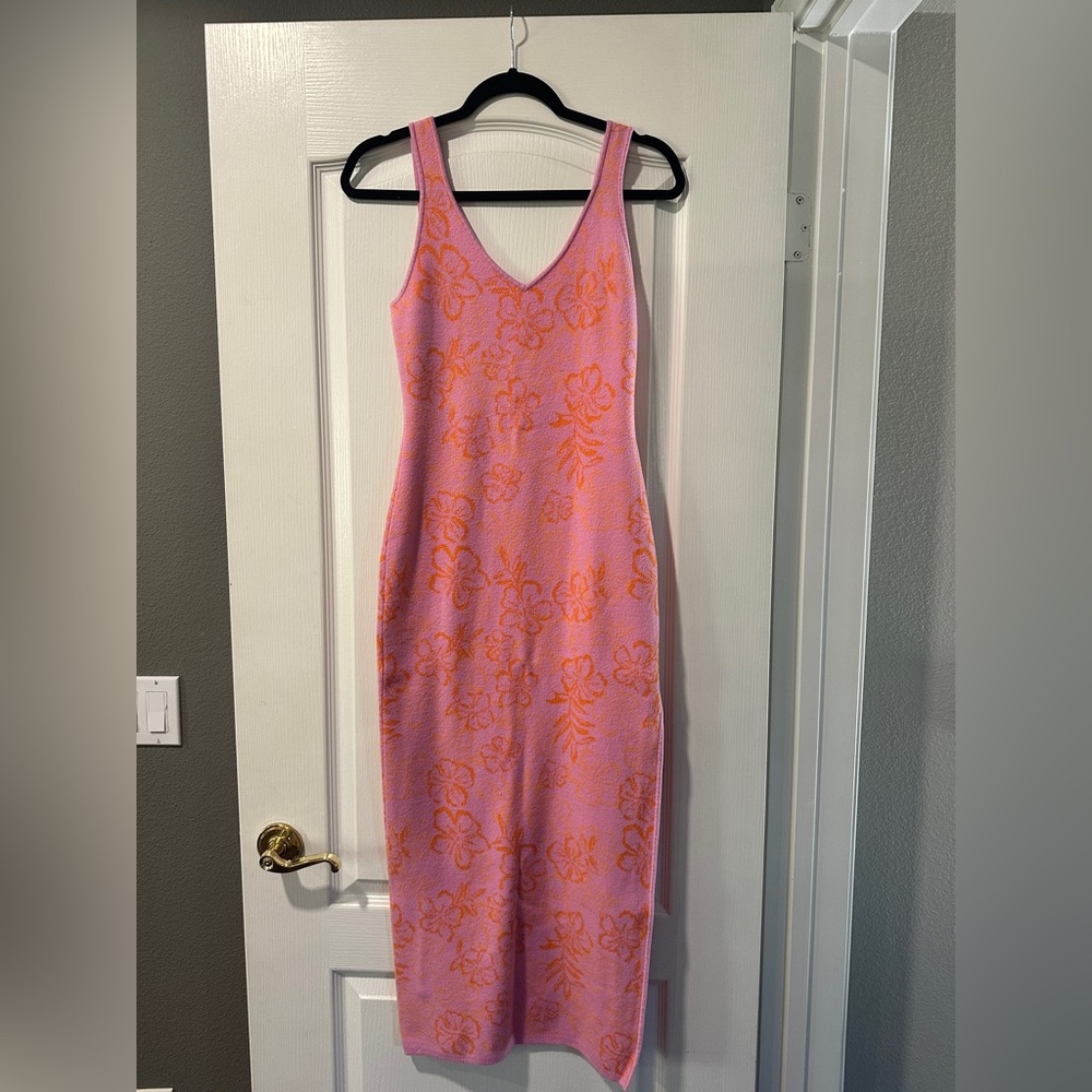 l*space Pink Knit Midi Dress with Orange Floral Jacquard